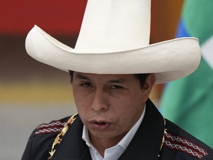Peru's President Pedro Castillo speaks at a ceremony after Bolivia's president decorated h