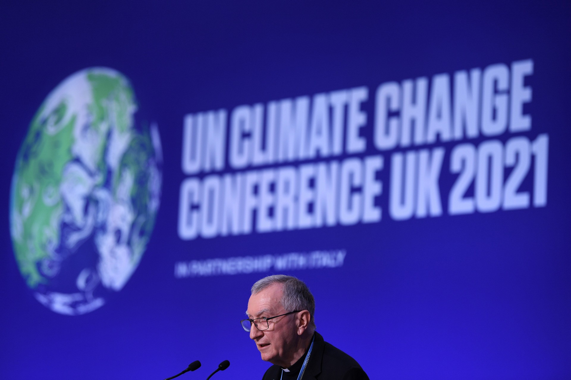 Vatican Secretary of State Cardinal Pietro Parolin speaks at the COP26 Summit, in Glasgow, Scotland, Tuesday, Nov. 2, 2021. The U.N. climate summit in Glasgow gathers leaders from around the world, in Scotland's biggest city, to lay out their vision for addressing the common challenge of global warming. (Daniel Leal Olivas /Pool Photo via AP)