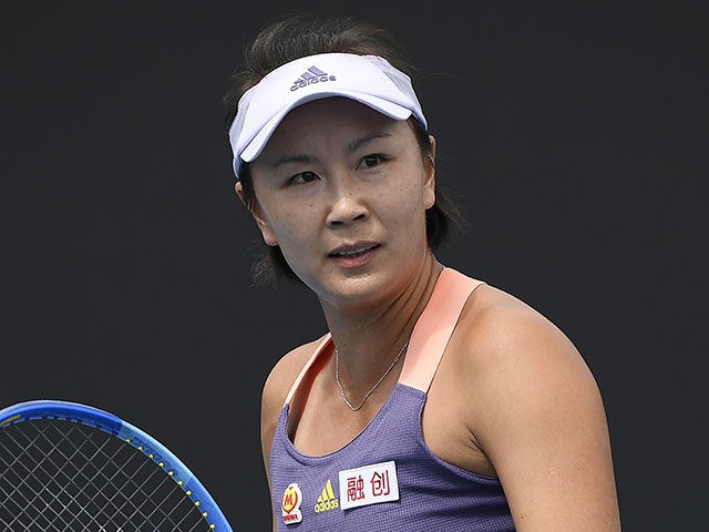 FILE - China's Peng Shuai reacts during her first round singles match against Japan's Nao Hibino at the Australian Open tennis championship in Melbourne, Australia on Jan. 21, 2020. The editor of a Communist Party newspaper posted a video online that he said showed missing tennis star Peng Shuai watching …