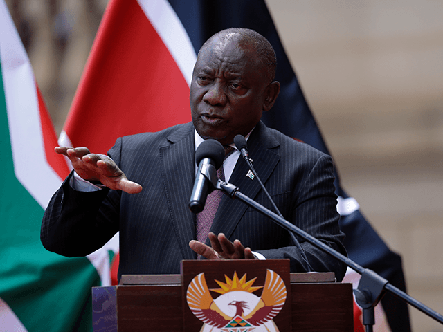 South African President Cyril Ramaphosa addresses the media after meeting with his Kenyan counterpart Uhuru Kenyatta in Pretoria, South Africa, Tuesday Nov. 23, 2021 . Kenyatta is in South Africa on a state visit to discuss political and economic issues. (AP Photo/Themba Hadebe)