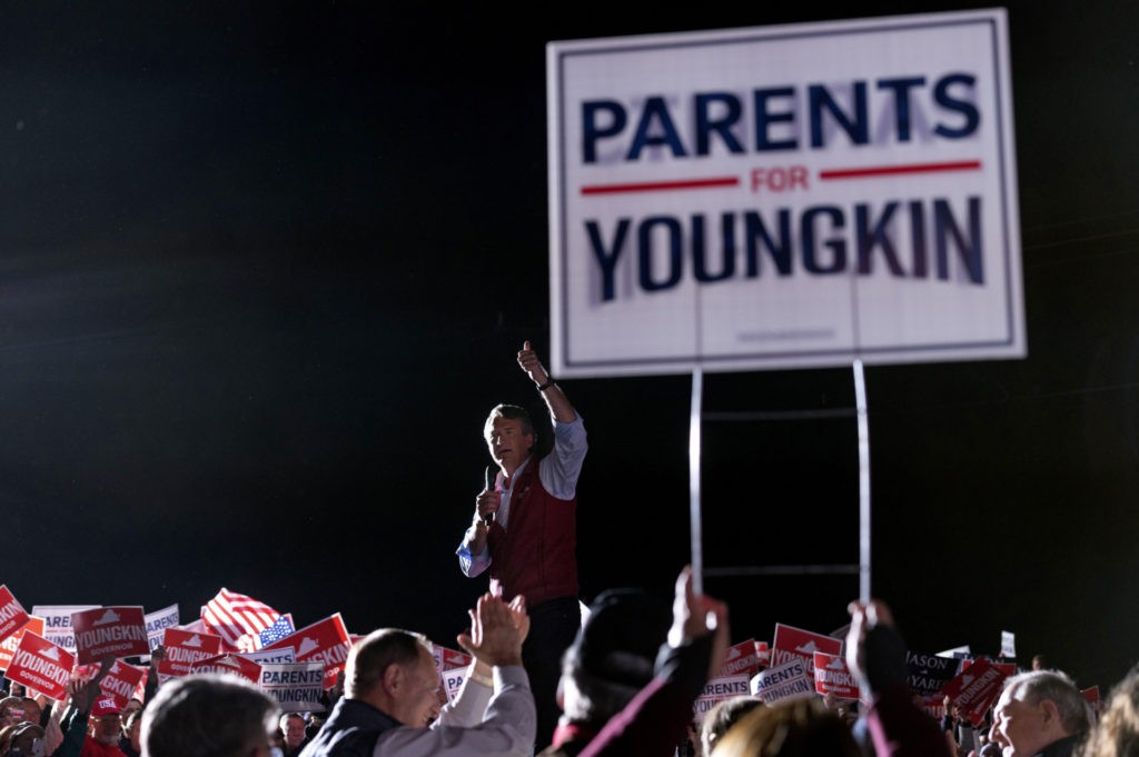 Republican gubernatorial candidate Glenn Youngkin addresses supporters at a campaign rally in Leesburg, Va., Monday, Nov. 1, 2021. (AP Photo/Cliff Owen)