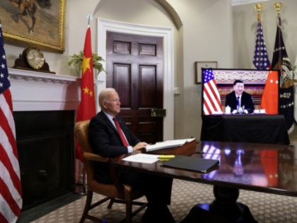 WASHINGTON, DC - NOVEMBER 15: U.S. President Joe Biden participates in a virtual meeting with Chinese President Xi Jinping at the Roosevelt Room of the White House November 15, 2021 in Washington, DC. President Biden met with his Chinese counterpart to discuss bilateral issues. (Photo by Alex Wong/Getty Images)