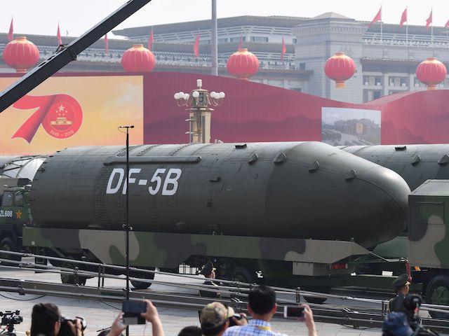 Military vehicles carrying DF-5B intercontinental ballistic missiles participate in a military parade at Tiananmen Square in Beijing on October 1, 2019, to mark the 70th anniversary of the founding of the People's Republic of China. (Greg Baker/AFP via Getty Images)