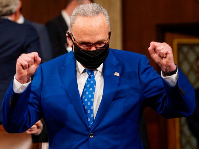 Senate Majority Chuck Schumer celebrates before US President Joe Biden addresses a joint s