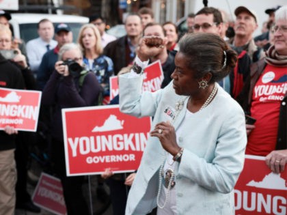 ALEXANDRIA, VIRGINIA - OCTOBER 30: Virginia Republican candidate for Lieutenant Governor Winsome Sears gestures as she delivers remarks to supporters at the Old Town Alexandria Farmers Market on October 30, 2021 in Alexandria, Virginia. Virginia Republican gubernatorial candidate Glenn Youngkin is on the last few days of his campaign bus …