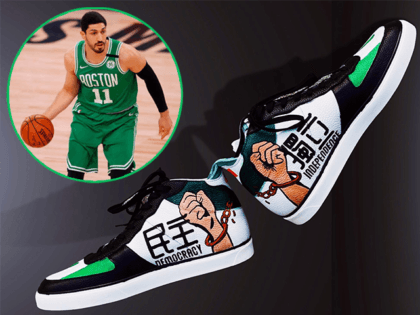 Boston Celtics NBA player Enes Kanter posted this photo of his pro-Taiwan shoes on Twitter, November 10, 2021. (@EnesKanter/Twitter) INSERT: Enes Kanter #11 of the Boston Celtics handles the ball against the Portland Trail Blazers at The Arena at ESPN Wide World Of Sports Complex on August 02, 2020 in …