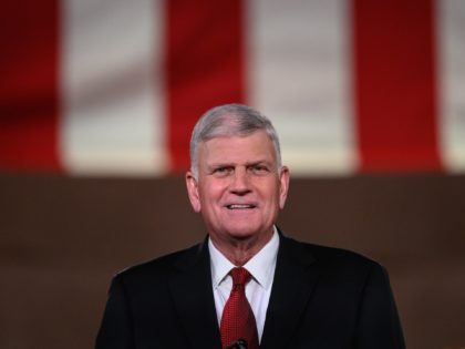 Evangelist Franklin Graham addresses the Republican National Convention in a pre-recorded speech at the Andrew W. Mellon Auditorium, in Washington, DC, on August 27, 2020. (Photo by NICHOLAS KAMM / AFP) (Photo by NICHOLAS KAMM/AFP via Getty Images)
