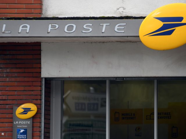 A picture taken on April 4, 2019, shows the logo of the French post service "La Poste