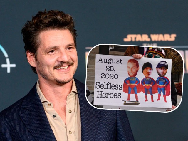(INSET: Poster celebrating Joseph Rosenbaum, Kyle Huber, and Gaige Grosskreutz) CHilean actor Pedro Pascal arrives for Disney+ World Premiere of "The Mandalorian" at El Capitan theatre in Hollywood on November 13, 2019. (Photo by Nick Agro / AFP) (Photo by NICK AGRO/AFP via Getty Images)