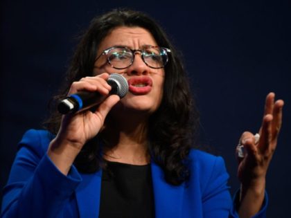 Congresswoman Rashida Tlaib, D-MI, speaks to supporters of Democratic presidential candida