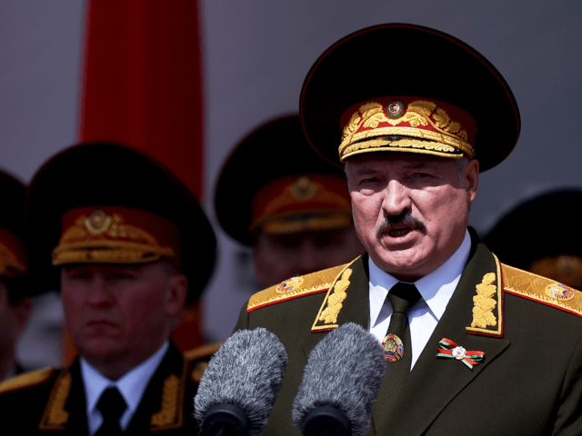 Belarus' President Alexander Lukashenko gives a speech during a military parade to mark the 75th anniversary of the Soviet Union's victory over Nazi Germany in World War Two, Minsk, May 9, 2020. (Photo by Sergei GAPON / POOL / AFP) (Photo by SERGEI GAPON/POOL/AFP via Getty Images)