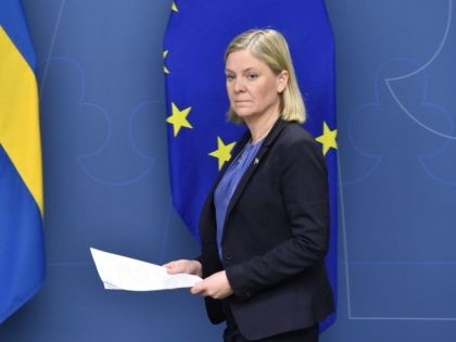 Sweden's Minister of Finance Magdalena Andersson attends a digital press conference o
