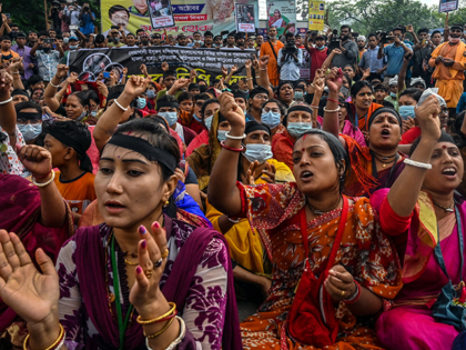 Bangladeshi Hindus stage a demonstration in Dhaka on October 18, 2021 to protest against the fresh religious violence against Hindus in the country. (Photo by Munir UZ ZAMAN / AFP) (Photo by MUNIR UZ ZAMAN/AFP via Getty Images)