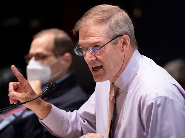 WASHINGTON, DC - OCTOBER 21: Rep. Jim Jordan (R-OH) speaks beside Chairman of the House Judiciary Committee Jerry Nadler (D-NY) as U.S. Attorney General Merrick Garland appears before a House Judiciary Committee hearing at the U.S. Capitol on October 21, 2021 in Washington, DC. Garland is expected to give testimony …