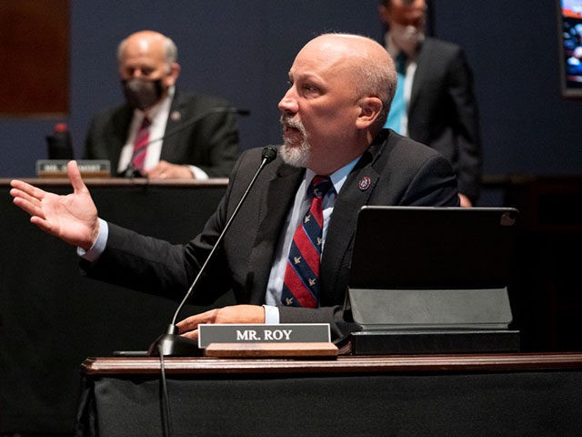 WASHINGTON, DC - OCTOBER 21: Rep. Chip Roy (R-TX) reacts to an objection to playing a video involving school board meetings before U.S. Attorney General Merrick Garland testifies at a House Judiciary Committee hearing at the U.S. Capitol on October 21, 2021 in Washington, DC. Garland is expected to give …