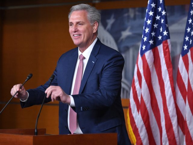 US House Minority Leader, Kevin McCarthy, Republican of California, speaks during his weekly press briefing on Capitol Hill in Washington, DC, on October 21, 2021. (Photo by MANDEL NGAN / AFP) (Photo by MANDEL NGAN/AFP via Getty Images)