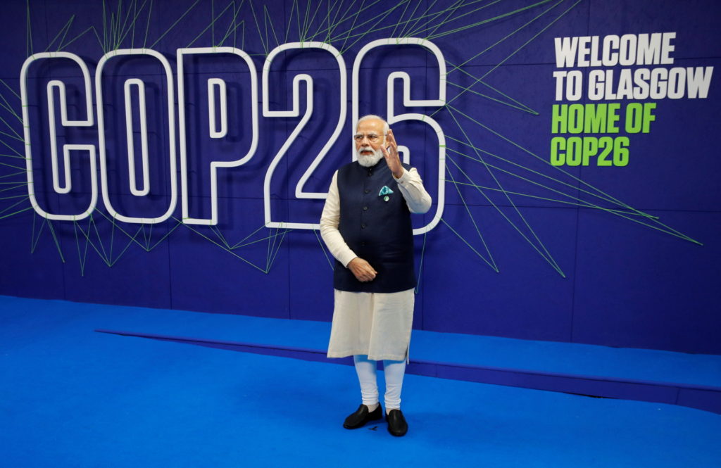 India's Prime Minister Narendra Modi arrives for the UN Climate Change Conference COP26 at SECC on November 1, 2021 in Glasgow, Scotland. 2021 sees the 26th United Nations Climate Change Conference. The conference will run from 31 October for two weeks, finishing on 12 November. It was meant to take place in 2020 but was delayed due to the Covid-19 pandemic. (Photo by Phil Noble - Pool/Getty Images)
