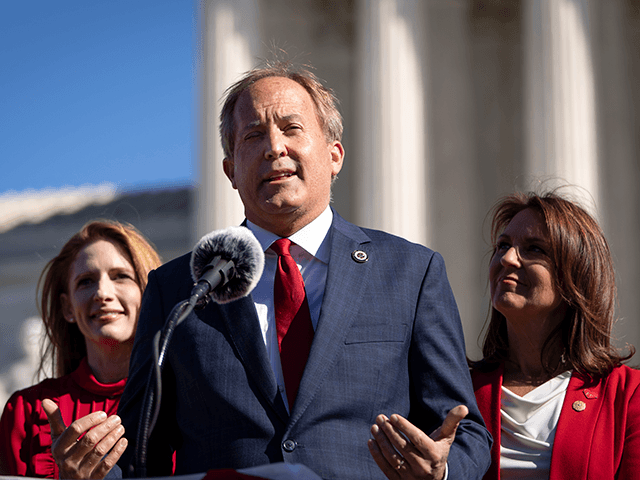Texas Attorney General Ken Paxton speaks outside the U.S. Supreme Court on November 01, 2021 in Washington, DC. On Monday, the Supreme Court heard arguments in a challenge to the controversial Texas abortion law which bans abortions after 6 weeks. (Photo by Drew Angerer/Getty Images)