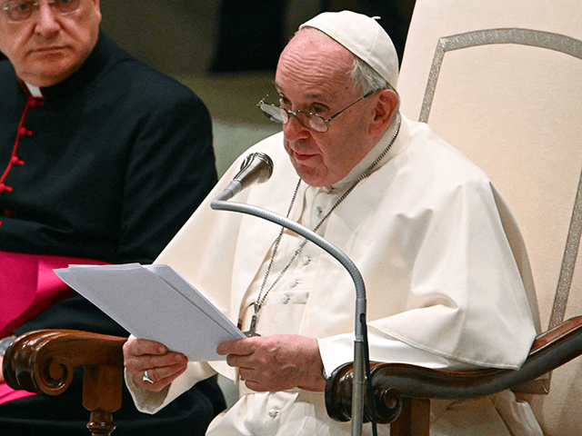 Pope Francis speaks to worshipers during the weekly general audience, at Paul-VI hall in t