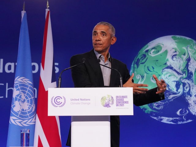 GLASGOW, SCOTLAND - NOVEMBER 08: Former US President Barack Obama delivers a speech while attending day nine of the COP26 at SECC on November 8, 2021 in Glasgow, Scotland. Day Nine of the 2021 climate summit in Glasgow will focus on delivering the practical solutions needed to adapt to climate …