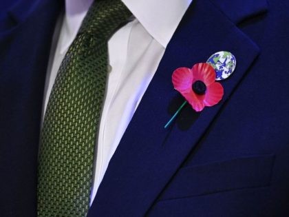A poppy and a globe pin are seen on the suit of Britain's President for COP26 Alok Sh