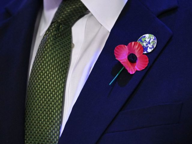 A poppy and a globe pin are seen on the suit of Britain's President for COP26 Alok Sharma as he observes a two-minute silence during commemorations of Armstice Day which marks the end of World War I on the sidelines of the COP26 Climate Change Conference in Glasgow on November …