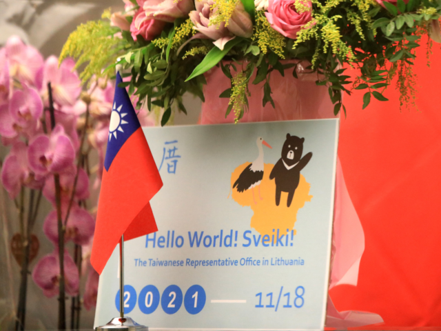 Picture taken on November 18 ,2021 shows the lobby of the Taiwanese Representative Office with flowers in Lithuania, Vilnius. - Taipei announced on November 18 ,2021 it had formally opened a de facto embassy in Lithuania using the name Taiwan, a significant diplomatic departure that defied a pressure campaign by …