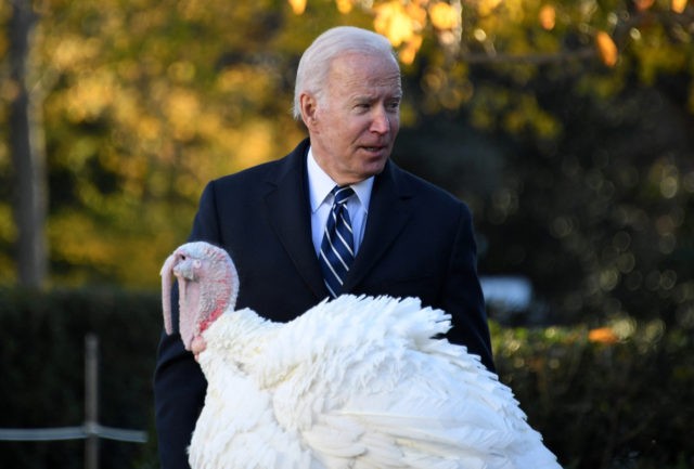 US President Joe Biden pardons the turkey 'Peanut Butter' during the White House Thanksgiving turkey pardon in the Rose Garden of the White House in Washington, DC on November 19, 2021. (Photo by OLIVIER DOULIERY / AFP) (Photo by OLIVIER DOULIERY/AFP via Getty Images)