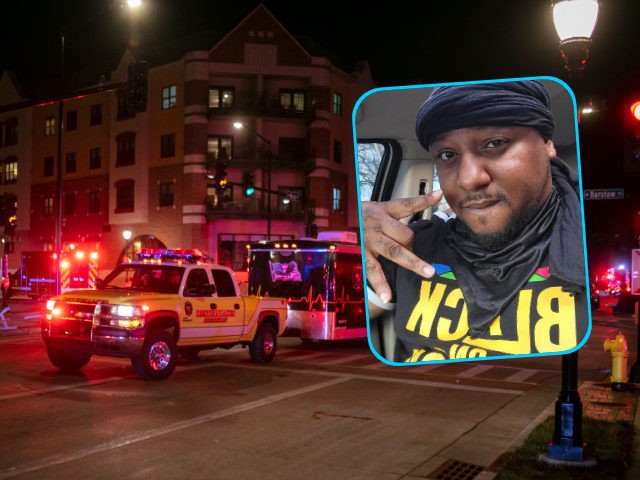 (INSET: Black Lives Matter activist Vaun L Mayes) Police and emergency personnel work on a crime scene on November 21, 2021 in Waukesha, Wisconsin. According to reports, an SUV drove through pedestrians at a holiday parade, killing at least one and injuring 20 more. (Photo by Jim Vondruska/Getty Images)