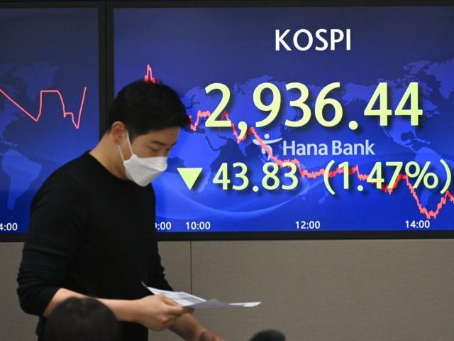 A currency dealer walks past a screen showing South Korea's benchmark stock index in a trading room at KEB Hana Bank in Seoul on November 26, 2021. (Photo by Jung Yeon-je / AFP) (Photo by JUNG YEON-JE/AFP via Getty Images)