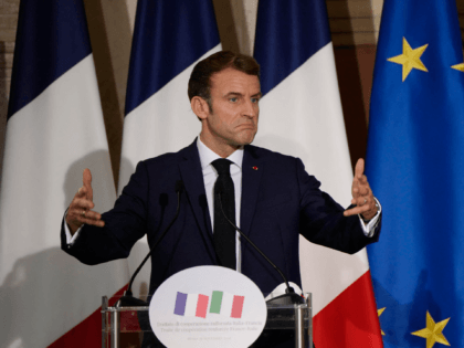 French President Emmanuel Macron and Italian Prime Minister (not seen) hold a joint press conference after signing the Quirinal Treaty between Italy and France, which aims to provide a stable and formalised framework for cooperation in relations between the two countries, at Villa Madama in Rome, on November 26, 2021. …