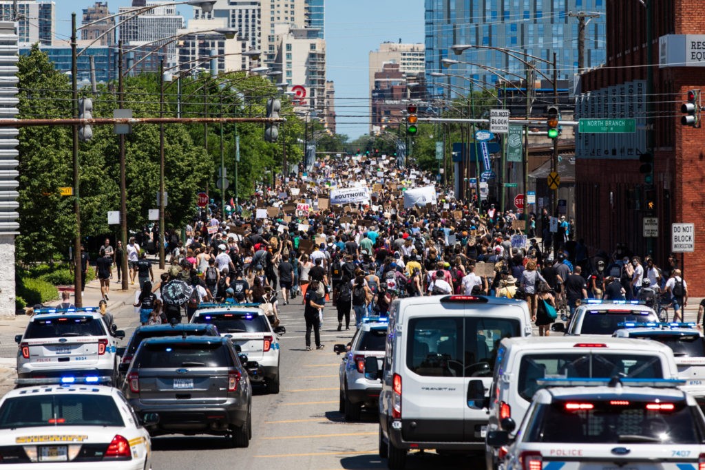 CHICAGO, ILLINOIS - JUNE 06: Protesters take to the streets on June 06, 2020 in Chicago, Illinois. This is the 12th day of protests since George Floyd died in Minneapolis police custody on May 25. (Photo by Natasha Moustache/Getty Images)