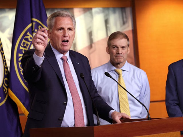 WASHINGTON, DC - JULY 21: House Minority Leader Kevin McCarthy (R-CA) (L) joined by Rep. Jim Jordan (R-OH) (C) and Rep. Jim banks (R-IN) speaks a news conference on House Speaker Nancy Pelosi’s decision to reject two of Leader McCarthy’s selected members from serving on the committee investigating the January …