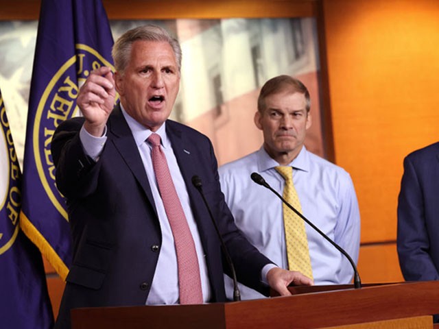 WASHINGTON, DC - JULY 21: House Minority Leader Kevin McCarthy (R-CA) (L) joined by Rep. Jim Jordan (R-OH) (C) and Rep. Jim banks (R-IN) speaks a news conference on House Speaker Nancy Pelosi’s decision to reject two of Leader McCarthy’s selected members from serving on the committee investigating the January 6th riots on July 21, 2021 in Washington, DC. Speaker Pelosi announced she would be rejecting Rep. Banks and Rep. Jordan’s assignment to the committee. (Photo by Kevin Dietsch/Getty Images)