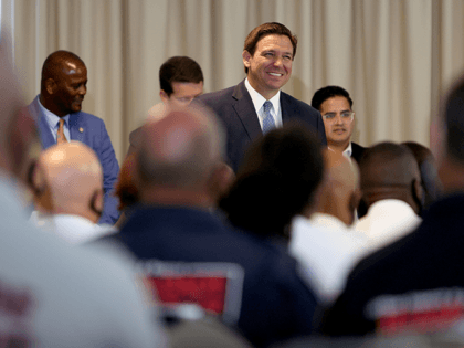 Florida Gov. Ron DeSantis speaks during an event to give out bonuses to first responders h