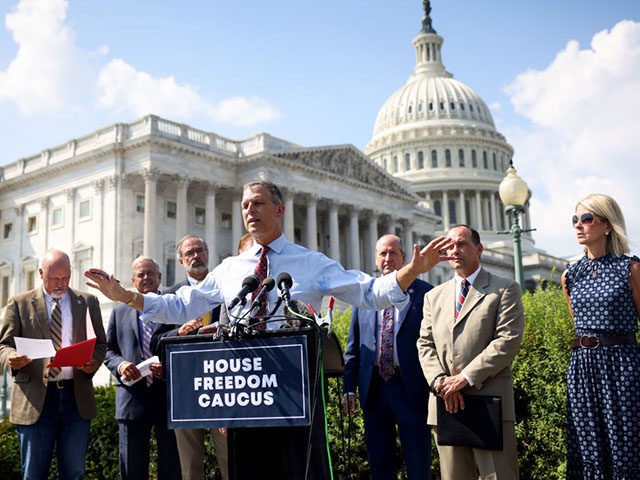 WASHINGTON, DC - AUGUST 23: U.S. Rep. Scott Perry (R-PA), joined by members of the House Freedom Caucus, speaks at a news conference on the infrastructure bill outside the Capitol Building on August 23, 2021 in Washington, DC. The group criticized the bill for being too expensive and for supporting …