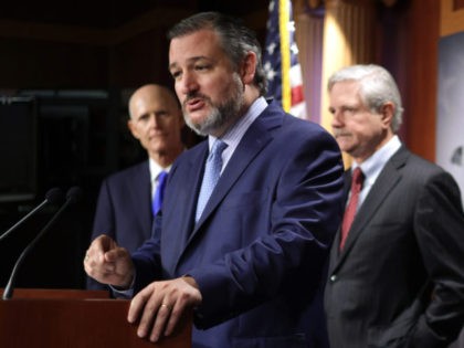 WASHINGTON, DC - OCTOBER 06: U.S. Sen. Ted Cruz (R-TX) (C) speaks as Sen. Rick Scott (R-FL