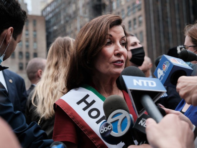 NEW YORK, NEW YORK - OCTOBER 11: New York Governor Kathy Hochul attends the annual Columbus Day Parade in Manhattan after it was canceled last year due to the pandemic on October 11, 2021 in New York City. Hundreds of people cheered from the sidewalks as local politicians, high school …