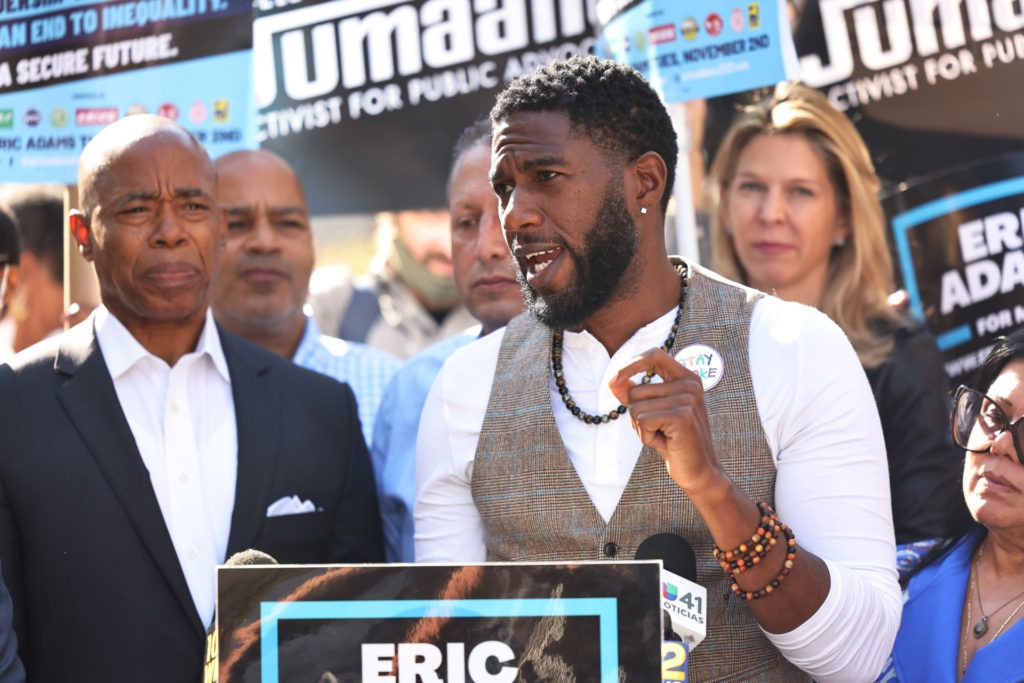 NEW YORK, NEW YORK - OCTOBER 22: New York City Public Advocate Jumaane Williams speaks during a Get Out the Vote (GOTV) rally with Democratic NYC Mayoral candidate Eric Adams in front of Brooklyn Borough Hall on October 22, 2021 in Downtown Brooklyn in New York City. Democratic NYC Mayoral candidate Eric Adams attended a GOTV event with Jumaane Williams, New York City Public Advocate, and NYC Comptroller candidate Brad Lander on the eve of early voting in NYC. The event comes two days after Adams faced off in the first mayoral debate with Republican Mayoral candidate Curtis Sliwa. (Photo by Michael M. Santiago/Getty Images)
