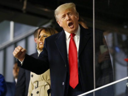 ATLANTA, GEORGIA - OCTOBER 30: Former president of the United States Donald Trump waves prior to Game Four of the World Series between the Houston Astros and the Atlanta Braves Truist Park on October 30, 2021 in Atlanta, Georgia. (Photo by Michael Zarrilli/Getty Images)