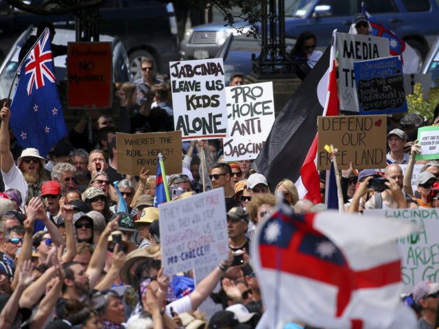 WELLINGTON, NEW ZEALAND - NOVEMBER 09: Protestors gather during a Freedom and Rights Coali