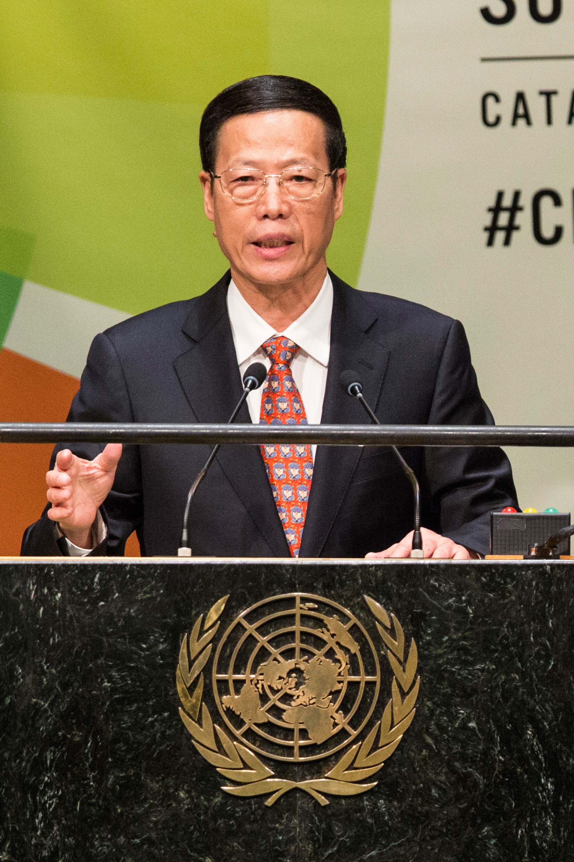 Chinese Vice Premier Zhang Gaoli speaks at the United Nations Climate Summit on September 23, 2014 in New York City. The summit, which is meeting one day before the UN General Assembly begins, is bringing together world leaders, scientists and activists looking to curb climate change. (Photo by Andrew Burton/Getty Images)