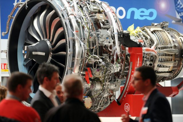 The new LEAP-1A engine developed by CFM, a joint venture between France's Safran and General Electric, is pictured during its handover ceremony on April 15, 2016 in Colomiers, outside Toulouse.
