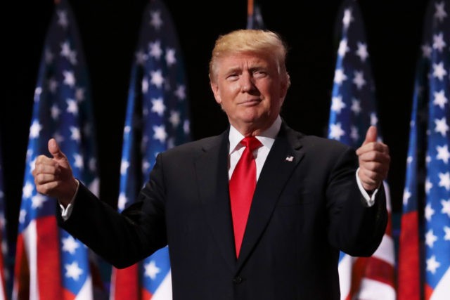 CLEVELAND, OH - JULY 21: Republican presidential candidate Donald Trump gives two thumbs u