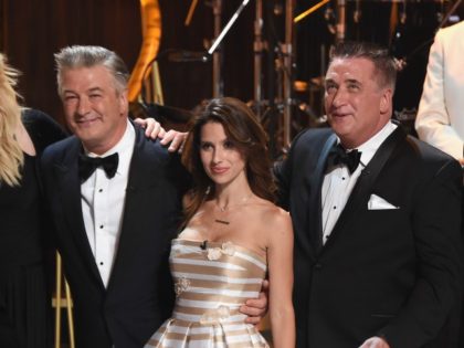 NEW YORK, NY - JUNE 25: (L-R) Alec Baldwin, Hilaria Baldwin, Daniel Baldwin and Billy Baldwin pose onstage during "Spike's One Night Only: Alec Baldwin" at The Apollo Theater on June 25, 2017 in New York City. (Photo by Nicholas Hunt/Getty Images for Spike)