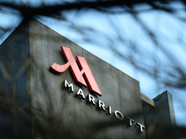 This photo taken on January 11, 2018 shows a Marriott logo in Hangzhou in China's Zhejiang
