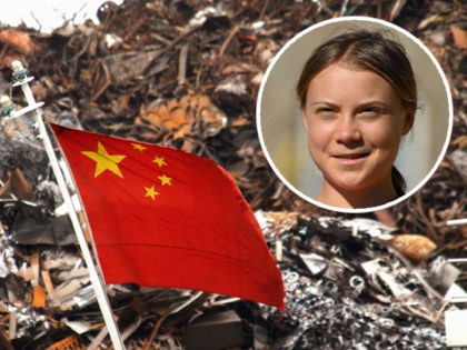 The flag of a freighter ship from Shanghai flies near a metal scrap heap being loaded onto the ship August 20, 2002 in Long Beach, California. (David McNew/Getty Images) INSERT: Swedish climate activist Greta Thunberg looks on as she and other activists gives a press statement in Luetzerath, western Germany, …