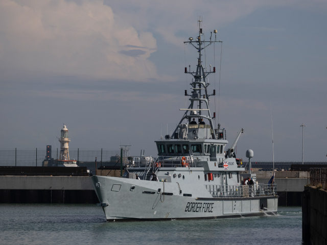 DOVER, ENGLAND - SEPTEMBER 09: The Border Force HMC Vigilant arrives at Dover docks carryi