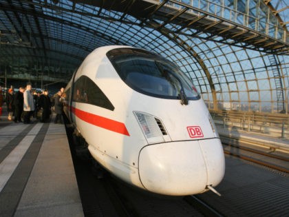 Berlin, GERMANY: A German Inter-City Express (ICE) train takes on passengers at Berlin's c