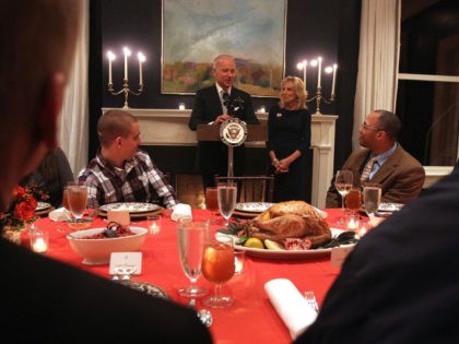 WASHINGTON, DC - NOVEMBER 19: U.S. Vice President Joseph Biden (L) makes opening remarks as he and his wife Jill Biden (R) host Wounded Warriors for an early Thanksgiving Dinner November 19, 2012 at the Vice President’s residence at the Naval Observatory in Washington, DC. The Bidens continued their tradition …